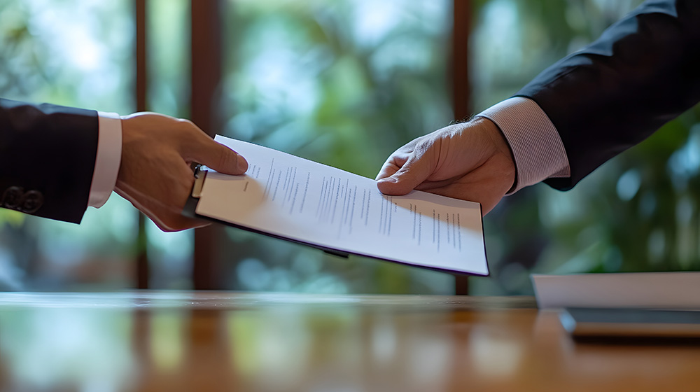 Two professionals exchanging a contract, finalizing a tax planning and financial strategy agreement.